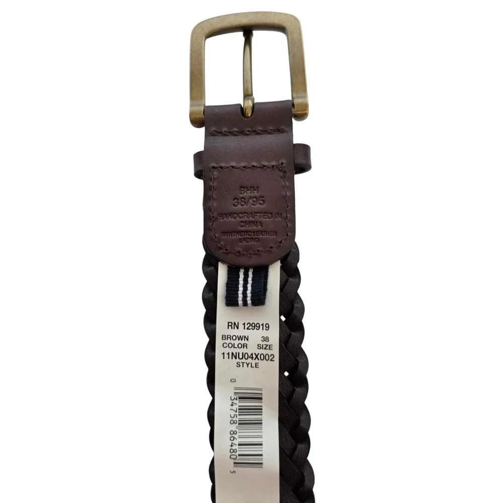 Nautica Braided Belt Brown Leather Mens 38 Bronze Buckle NWOT